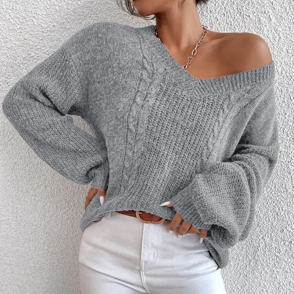 πͺ GREY CABLE KNIT V NECK LOOSE SWEATER! - Picture 3 of 12